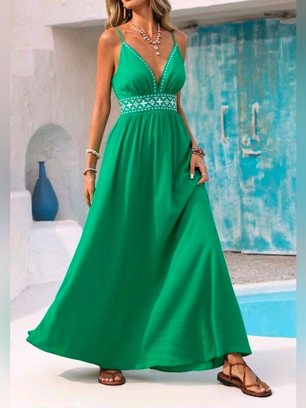 New Boho Embroidered Maxi Dress Green White - Picture 6 of 9